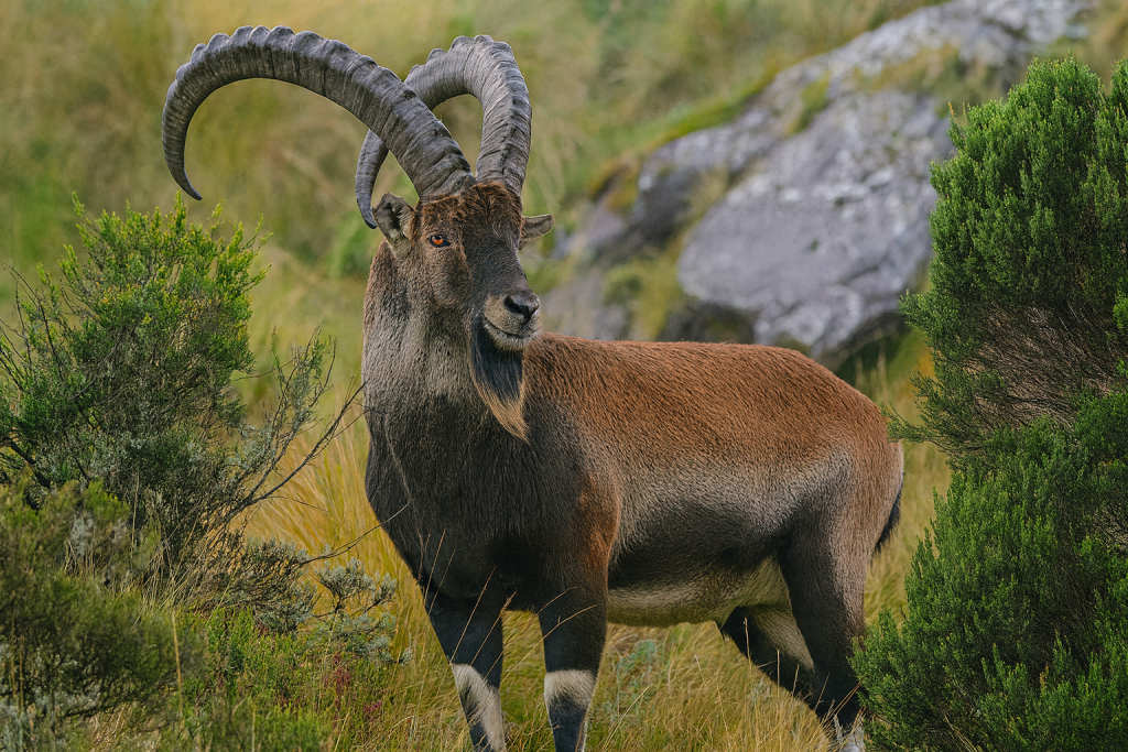 Walia ibex in Ethiopia’s Simien Mountains — rare cliff-dwelling endemic species with curved horns and rugged coat
