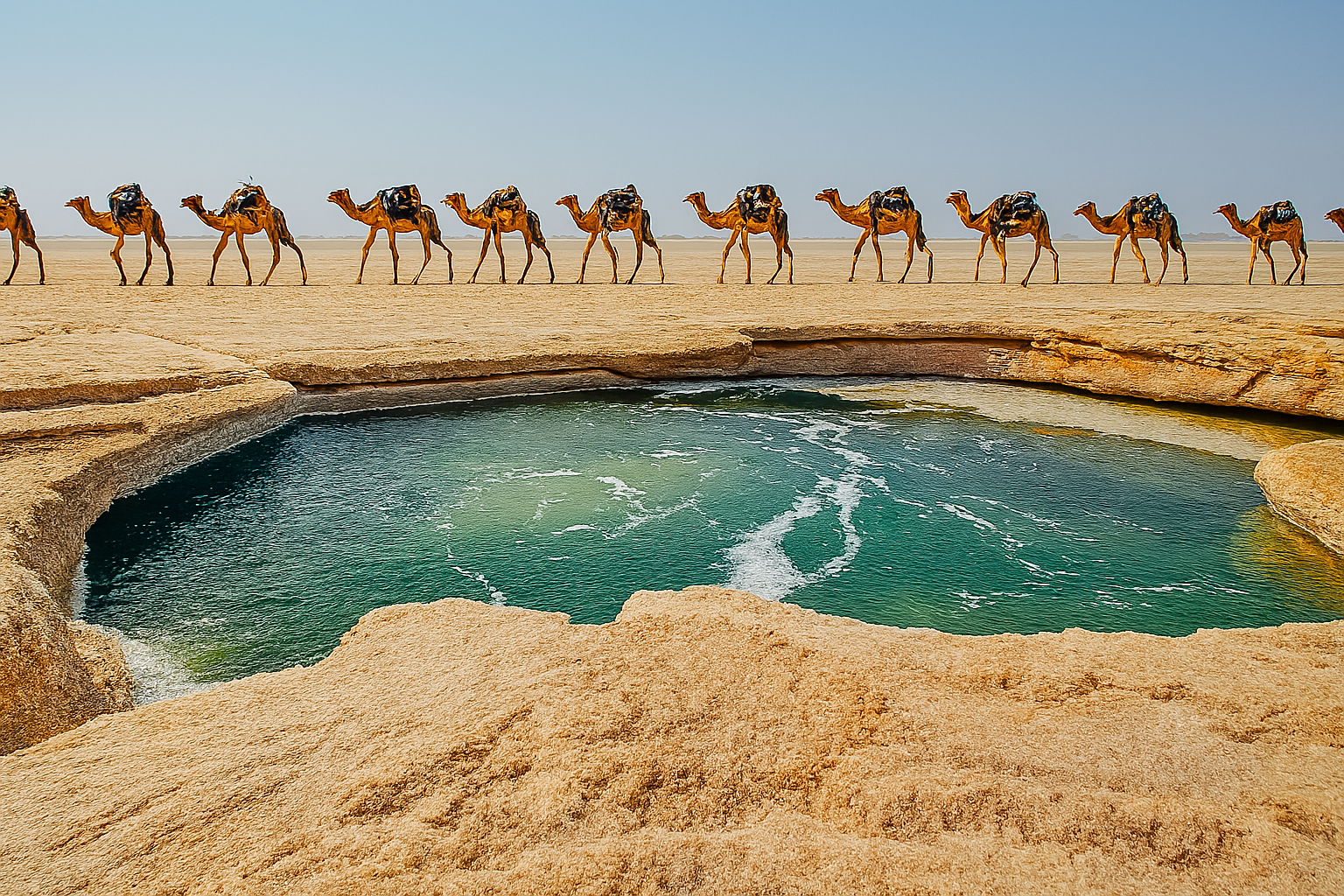 Camel caravan crossing the Danakil Depression in Ethiopia — ancient salt trade route